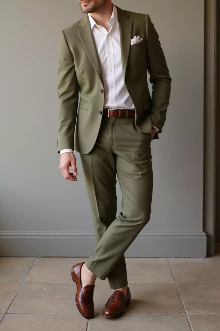 Traje oliva con camisa blanca